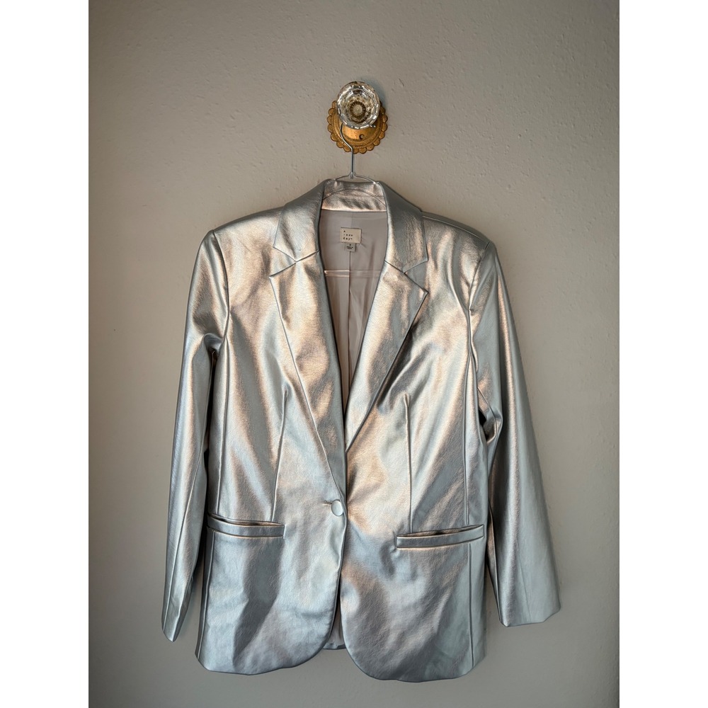 A New Day Womens Silver Metallic Faux Leather Blazer Single Button Jacket Small